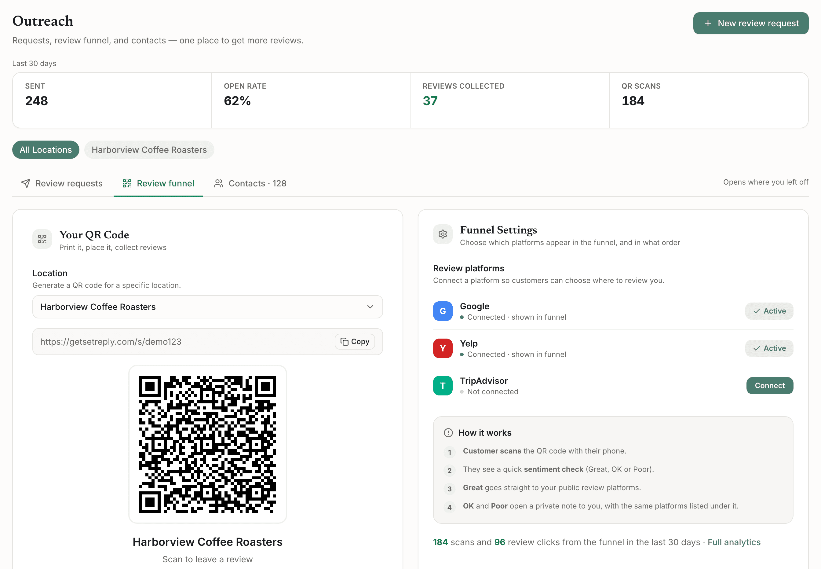 The GetSetReply outreach screen showing a review funnel link, its QR code ready to download, and the funnel settings that choose which platforms it shows.